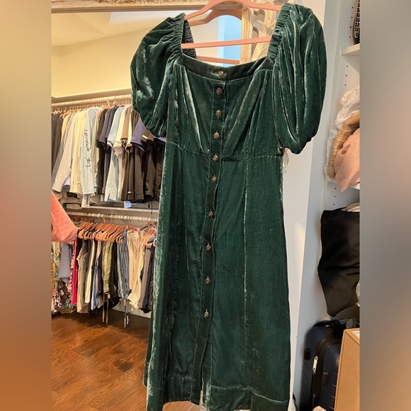 J. CREW Emerald Green VELVET PUFF SLEEVE BUTTON FRONT Square Neck Dress - Picture 6 of 12